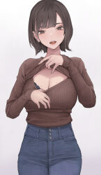 1girl absurdres black_bra bra bra_peek breasts brown_hair brown_sweater cleavage commentary_request cowboy_shot denim earrings highres jeans jewelry koh_(minagi_kou) large_breasts looking_at_viewer meme_attire mole mole_under_eye open-chest_sweater original pants revision ribbed_sweater short_hair simple_background solo steaming_body sweat sweater sweater_tucked_in teeth underwear upper_teeth_only white_background