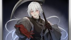 :| a_date_with_death black_gloves blush casper_(a_date_with_death) closed_mouth crossed_bangs doorway gloves hair_flowing_over highres holding holding_scythe jacket jacket_partially_removed jellyfish_cut looking_at_viewer multicolored_gloves non-web_source official_art open_mouth over_shoulder pillarboxed pov_doorway red_eyes red_gloves scythe sleeveless sleeveless_turtleneck turtleneck weapon weapon_over_shoulder white_hair