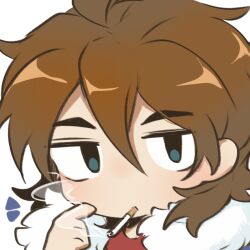 Rule 34 | 1boy, aqua eyes, blue jacket, brown hair, chinese commentary, cigarette, commentary request, finger to cheek, fur-trimmed jacket, fur trim, hair between eyes, isoi reiji, jacket, jitome, lemon04, male focus, medium hair, portrait, red shirt, saibou shinkyoku, sanpaku, shirt, simple background, smoke, smoking, solo, white background