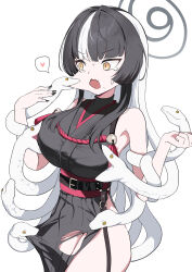 1girl absurdres azami_(blue_archive) bare_shoulders bell belt_around_waist black_hair blue_archive breasts cheek_pull grey_halo halo heart highres large_breasts looking_at_animal mochini mole mole_on_cheek multicolored_hair rope simple_background snake_hair solo split-color_hair spoken_heart sweat thighhighs torn_clothes white_background white_hair yellow_eyes