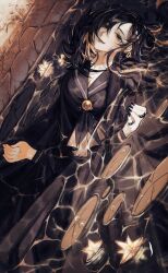 1girl ascot binah_(project_moon) black_ascot black_coat black_dress black_eyes black_hair black_nails black_sailor_collar blonde_hair bngb_love coat dress earrings full_body fur-trimmed_coat fur_trim gem highres jewelry library_of_ruina lily_pad long_hair long_sleeves looking_at_viewer multicolored_hair partially_underwater_shot project_moon sailor_collar smile solo yellow_gemstone
