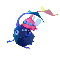 Rule 34 | black eyes, black skin, blue eyes, blush stickers, colored skin, creature, creature focus, flying, happy, highres, hug, hug from behind, insect wings, leaf, motion blur, nintendo, no humans, no mouth, outstretched arms, pikmin (creature), pikmin (series), pink skin, rock, rock pikmin, simple background, solid eyes, surprised, sweatdrop, white background, winged pikmin, wings, yu pikmin