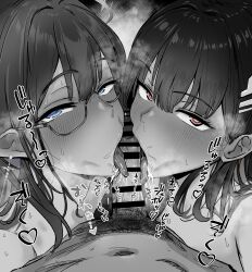 1boy 2girls absurdres bar_censor black_hair blue_archive blue_eyes bright_pupils censored commentary_request cooperative_fellatio earrings fellatio glasses greyscale hair_ornament hairpin half-closed_eyes halo hetero highres jewelry licking licking_penis long_hair looking_at_viewer male_pubic_hair metsu_end monochrome multiple_girls oral penis pointy_ears pov pubic_hair red_eyes rimless_eyewear rin_(blue_archive) rio_(blue_archive) saliva spot_color sweat teamwork_(sexual) tongue tongue_out white_pupils