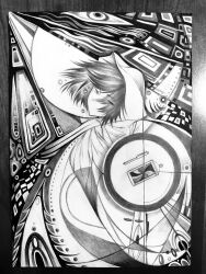 Rule 34 | 1boy, abstract, absurdres, chinese commentary, cloak, commentary request, disembodied eye, eyes visible through hair, greyscale, harada mutei, highres, hood, hood up, hooded cloak, jiangyou140, lantern, looking at viewer, male focus, monochrome, no mouth, pen, saibou shinkyoku, short hair, solo, traditional media