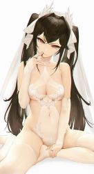 1girl absurdres bare_shoulders black_hair blood blood_from_mouth breasts bridal_gauntlets cleavage covered_navel hair_intakes hair_ribbon hand_to_own_mouth head_tilt highres l_ract leotard long_hair looking_at_viewer medium_breasts no_shoes original pink_eyes ribbon see-through_clothes sitting solo thighhighs twintails v-shaped_eyebrows very_long_hair white_leotard white_ribbon white_thighhighs