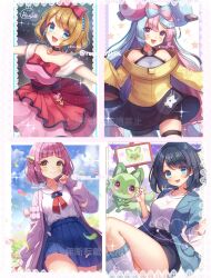 Rule 34 | bike shorts, black choker, black hair, black pantyhose, black shorts, blonde hair, blue eyes, blue hair, blue skirt, blush, cardigan, choker, closed mouth, cloud, collarbone, collared shirt, commentary request, day, dress, earrings, eyelashes, falling petals, gen 1 pokemon, gen 4 pokemon, glint, green eyes, green jacket, grey shirt, hair ornament, hairclip, hand up, happy, heart, highres, holding, iono (pokemon), jacket, jewelry, knees, lacey (pokemon), liko (pokemon), long hair, long sleeves, looking at viewer, magnemite, medium hair, multicolored hair, nintendo, off shoulder, open clothes, open jacket, open mouth, outdoors, outstretched arms, pantyhose, petals, pink dress, pink hair, pleated skirt, pokemon, pokemon (anime), pokemon (creature), pokemon horizons, pokemon sv, pokemon xy (anime), purple cardigan, purple eyes, purple hair, rena rin, rotom, rotom phone, serena (pokemon), sharp teeth, shirt, short shorts, shorts, signature, single leg pantyhose, skirt, sky, sleeveless, sleeveless shirt, sleeves past fingers, sleeves past wrists, smile, socks, sparkle, sprigatito, star (symbol), star print, teeth, thigh strap, thighs, two-tone hair, upper teeth only, white shirt, yellow eyes, yellow jacket