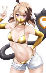1girl absurdres ahoge aidoruhakase alternate_costume armpits bare_shoulders bikini breasts bridal_gauntlets brown_hair clothes_pull commentary contrapposto covered_mouth cowboy_shot fingernails gigi_murin gold_bikini gold_choker gold_mask hand_on_own_hip highres hololive hololive_english looking_at_viewer mask mouth_mask multicolored_hair navel navel_piercing open_fly piercing pink_eyes short_shorts short_twintails shorts shorts_pull side-tie_bikini_bottom simple_background small_breasts solo stomach string_bikini swimsuit tail twintails two-tone_hair v virtual_youtuber white_background white_shorts