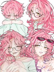 1girl aged_down alien_stage bruise bruise_on_face choker closed_eyes commentary crying dress eyewear_on_head glasses gradient_hair hashtag-only_commentary highres injury long_hair mizi_(alien_stage) multicolored_hair multiple_views nyugi0v0 open_mouth pink_hair purple_hair purple_nails short_hair smile sunglasses two-tone_hair white_choker white_dress yellow_eyes