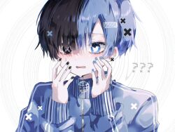 1boy ? ?? aegyo_sal animal-shaped_pupils black_eyes black_hair black_nails blue_eyes blue_hair blue_jacket blue_nails blush bright_pupils collared_jacket commentary_request crying crying_with_eyes_open eyelashes globe hair_between_eyes heterochromia hiro_0607 jacket limited_palette long_sleeves looking_ahead male_focus mismatched_pupils multicolored_hair open_mouth personification pixel_text short_hair simple_background sleeve_cuffs solo speech_bubble split-color_hair striped_clothes striped_jacket symbol-shaped_pupils tears track_jacket twitter twitter_logo twitter_x_logo two-tone_hair upper_body vertical-striped_clothes vertical-striped_jacket wavy_mouth white_background white_pupils white_stripes x x-shaped_pupils