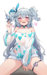 1girl :d bare_shoulders between_legs black_choker blue_hair blue_nails blue_ribbon blush breasts choker florence_(girls&#039;_frontline_2) girls&#039;_frontline girls&#039;_frontline_2:_exilium hair_between_eyes hair_ribbon hand_between_legs hand_up heart heart-shaped_pupils heart_o-ring heart_print highres holding holding_syringe long_hair looking_at_viewer looking_down messy_hair nail_polish o-ring off-shoulder_shirt off_shoulder open_mouth pa-15_(girls&#039;_frontline) pa-15_(marvelous_yam_pastry)_(girls&#039;_frontline) panties pink_eyes ribbon see-through_clothes see-through_shirt shengwr shirt small_breasts smile solo straddling symbol-shaped_pupils syringe teeth thigh_strap thighs underwear upper_teeth_only very_long_hair white_panties white_shirt