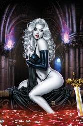 Rule 34 | 1girl, absurdres, artist collaboration, bath, bath of blood, black bra, black gloves, black panties, blank eyes, blood, bra, breasts, colored skin, elbow gloves, fire, flower, full moon, gloves, hair flower, hair ornament, highres, lady death, lady death (character), large breasts, looking at viewer, mike krome, moon, navel, panties, petals, petals on liquid, red lips, sanju nivangune, solo, sword, underwear, weapon, white hair, white petals, white skin