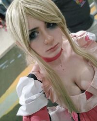 Rule 34 | 1boy, bad girl, bad girl (cosplay), blonde hair, breasts, cleavage, cosplay, dress, highres, medium breasts, no more heroes, photo (medium), pink dress, real life, selfie