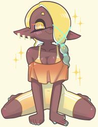 1girl :&gt; alternate_costume aqua_hair bare_shoulders barefoot between_legs blonde_hair blue_nails blush bodysuit breasts cleavage closed_mouth commentary_request covered_navel dark-skinned_female dark_skin earrings frye_(splatoon) full_body hair_over_one_eye hand_between_legs hekoningyou_(waraningyou) highres inkling jewelry long_hair multicolored_hair multiple_earrings nintendo one_eye_covered orange_shawl pointy_ears shawl short_eyebrows sitting sleeveless sleeveless_bodysuit smile solo sparkle splatoon_(series) splatoon_3 tentacle_hair tooth_earrings two-tone_hair wariza yellow_background yellow_bodysuit