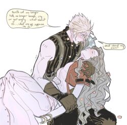 1boy 1girl aerith_gainsborough arm_around_shoulder armor bangle black_pants black_shirt blonde_hair bracelet breasts brown_gloves brown_hair closed_eyes cloud_strife cropped_jacket crying death dress english_text final_fantasy final_fantasy_vii final_fantasy_vii_remake flower gloves hair_between_eyes hair_flower hair_ornament highres jacket jewelry long_dress long_hair medium_breasts mmmckayyy pants parted_bangs pauldrons pink_dress red_jacket shirt short_hair short_sleeves shoulder_armor sidelocks single_bare_shoulder single_pauldron sleeveless sleeveless_turtleneck speech_bubble spiked_hair tears turtleneck wavy_hair white_background
