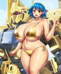 1girl absurdres artist_name assault_visor bare_arms bare_shoulders bikini bilingual_commentary blue_hair blush breasts cleavage commentary earrings english_commentary erkaz feet_out_of_frame fingernails gold_bikini gold_hairband golden_week gundam hairband hand_up highres huge_breasts hyaku_shiki jewelry looking_at_viewer mecha mixed-language_commentary mobile_suit nail_polish navel open_mouth original red_eyes red_nails rina_atherina robot science_fiction short_hair side-tie_bikini_bottom signature skindentation smile standing string_bikini stud_earrings swimsuit underboob veins veiny_breasts zeta_gundam