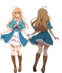 1girl :d ahoge anime_coloring back blush boots breasts brown_boots capelet corset full_body green_capelet green_corset green_eyes hairband highres hitoribocchi_no_isekai_kouryaku long_hair looking_at_viewer merielle_(hitoribocchi_no_isekai_kouryaku) multiple_views nakano_keiya no official_art open_mouth shirt simple_background skirt smile solo standing tareme transparent_background very_long_hair wavy_hair white_shirt