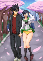 1boy 1girl black_hair blue_hair blush braid cherry_blossoms closed_mouth clothes_lift couple dark_blue_hair day embarrassed highschool_of_the_dead holding_hands komuro_takashi long_hair long_sleeves nature niki_toshimi_(highschool_of_the_dead) open_clothes open_mouth outdoors panties pants rud-k school_uniform shoes single_braid skirt skirt_lift spiked_hair standing surprised tree underwear wind wind_lift yellow_panties
