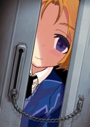 1girl black_necktie blue_jacket closed_mouth door_lock girls_und_panzer highres jacket looking_at_viewer necktie open_door orange_hair orange_pekoe_(girls_und_panzer) pokoooo_(fartsonist) purple_eyes school_uniform shirt smile solo white_shirt