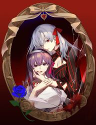 2girls amiably_02 black_dress blood blood_from_mouth blood_on_clothes blood_on_face cleavage_cutout clothing_cutout commentary_request crying dark_persona dark_sakura dress dual_persona fate/stay_night fate_(series) hair_ribbon hand_on_another&#039;s_face heaven&#039;s_feel highres hollow_eyes long_hair looking_at_viewer matou_sakura multiple_girls puffy_short_sleeves puffy_sleeves purple_eyes purple_hair red_eyes red_ribbon ribbon short_sleeves striped_clothes striped_dress vertical-striped_clothes vertical-striped_dress white_dress white_hair