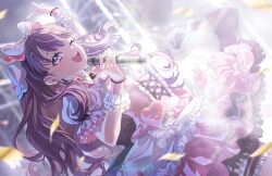 1girl ;d arm_up blush bow breasts brown_hair corset cowboy_shot cross-laced_clothes cross-laced_corset dress frilled_dress frilled_wrist_cuffs frills fujishima_megumi game_cg hair_bow heart highres holding holding_microphone index_finger_raised large_breasts link!_like!_love_live! long_hair looking_at_viewer love_live! maid microphone non-web_source official_alternate_costume official_art one_eye_closed open_mouth pink_bow pink_corset pink_wrist_cuffs puffy_short_sleeves puffy_sleeves purple_eyes short_dress short_sleeves smile solo two_side_up underbust virtual_youtuber white_bow white_dress wrist_cuffs yappa_tenshi!