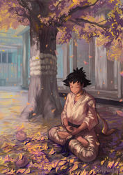 1girl ahruna_(akeru99) autumn autumn_leaves barefoot black_hair choker closed_eyes commentary dougi english_commentary female_focus highres karate_gi leaf lotus_position makoto_(street_fighter) maple_leaf meditation outdoors ribbon_choker short_hair solo spiked_hair street_fighter street_fighter_iii_(series) toes tree