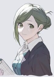 1girl breasts cardigan clipboard green_eyes green_hair green_vest grey_cardigan hair_bun highres holding holding_clipboard idolmaster idolmaster_shiny_colors looking_at_viewer nanakusa_hazuki parted_bangs shirt short_hair simple_background sketch smile solo upper_body vest white_shirt zhili_xingzou