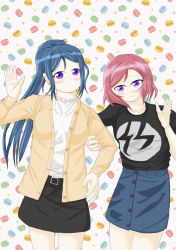 2girls artist_name artist_request bare_legs belt black_belt black_shirt black_skirt blue_hair blue_skirt blush breasts brown_jacket buttons female_focus food_background food_print hair_between_eyes hand_on_arm hand_wave high_ponytail highres jacket light_brown_jacket locked_arms long_hair long_sleeves looking_at_viewer love_live! love_live!_school_idol_project love_live!_sunshine!! matsuura_kanan medium_breasts miniskirt multiple_girls nishikino_maki open_clothes open_jacket parted_lips plaid_clothes plaid_skirt pleated pleated_skirt ponytail purple_eyes red_hair shirt short_hair short_sleeves skirt smile white_background white_shirt