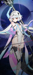 1girl absurdres arm_up armpits axe battle_axe black_leotard black_thighhighs blue_gloves boots breasts capelet center_opening chest_strap closed_mouth dress epic_seven gloves hair_ornament highres holding holding_weapon horns leotard low_twintails mechanical_horns multicolored_hair night night_sky official_alternate_costume official_art pelvic_curtain ravi:_rainbow_rush_(epic_seven) ravi_(epic_seven) red_eyes revealing_clothes sideless_outfit sky small_breasts solo standing standing_on_one_leg strap thigh_boots thigh_strap thighhighs tsurime twintails weapon white_dress white_hair zipper_pull_tab