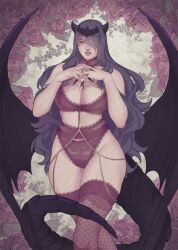 Rule 34 | 1girl, bra, breasts, camilla (fire emblem), cleavage, dragon wings, fake horns, fingernails, fire emblem, fire emblem fates, flower, grin, horns, lace, lace bra, lace panties, large breasts, lingerie, lips, long fingernails, long hair, looking at viewer, nintendo, panties, purple bra, purple hair, purple panties, rani ki, red flower, red rose, rose, smile, thighhighs, underwear, wings