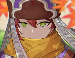 1boy autumn_leaves blurry blurry_foreground brown_hat closed_mouth commentary_request cuilang_(rune_factory) green_eyes hair_between_eyes hat highres leaf looking_at_viewer male_focus nogi_toa_(sorajio) red_hair rune_factory rune_factory:_guardians_of_azuma scarf short_hair solo tree_shade upper_body yellow_scarf