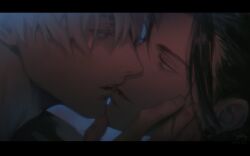 2boys black_hair blue_eyes ear_piercing earrings getou_suguru gojou_satoru hair_bun hair_pulled_back hand_on_another&#039;s_face imminent_kiss jewelry jujutsu_kaisen lisa_buijteweg looking_at_another male_focus multiple_boys open_mouth piercing plug_(piercing) short_hair simple_background white_hair