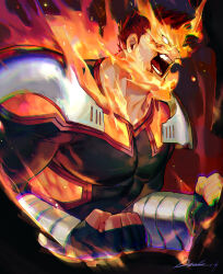 Rule 34 | 1boy, absurdres, blank eyes, boku no hero academia, commentary, commentary request, dongzak o0, endeavor (boku no hero academia), facial hair, fiery hair, fire, highres, large pectorals, male focus, mature male, muscular, muscular male, open mouth, pectorals, red hair, short hair, solo, teeth, tongue, upper body