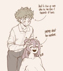 1boy 1girl absurdres boku_no_hero_academia breasts closed_mouth collarbone collared_shirt completely_nude cowboy_shot erusensei hatsume_mei highres large_breasts looking_at_another medium_hair midoriya_izuku nude pants scar scar_on_arm shirt short_hair simple_background smile sweat washing_hair