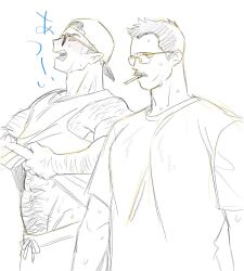 Rule 34 | 2boys, bara, billy russell (dickfish), chest hair peek, cigarette, cowboy shot, dickfish (fishismdick), facial hair, glasses, greyscale, hairy, highres, hot, john rottweil (dickfish), large pectorals, lifting own clothes, looking ahead, male focus, mature male, monochrome, multiple boys, muscular, muscular male, mustache, original, pectorals, short hair, sketch, spot color, standing, sweat, tank top, thick arm hair, thick eyebrows, thick navel hair, translation request, very sweaty