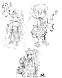 3girls asakawa_remon bow chain chibi chibi_only club club_(weapon) commentary_request cone_horns full_body gourd greyscale grin hair_bow half_updo horn_bow horn_ornament horns hoshiguma_yuugi ibuki_suika kanabou long_hair looking_afar looking_at_viewer low-tied_long_hair mizuhashi_parsee monochrome multiple_girls open_mouth orb pointy_ears ponytail pyramid_(geometry) ribbon-trimmed_skirt ribbon_trim shirt shoes short_hair short_ponytail short_sleeves sidelocks simple_background single_horn sketch skirt sleeveless sleeveless_shirt smile standing touhou translation_request very_long_hair weapon