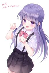 1girl :d absurdres artist_name black_skirt blunt_bangs blush bow bowtie collared_shirt commentary cowboy_shot furude_rika hashtag-only_commentary highres higurashi_no_naku_koro_ni long_hair looking_at_viewer nyako_(x_nyako_x) open_mouth paw_pose pleated_skirt purple_eyes purple_hair red_bow red_bowtie shirt short_hair short_sleeves simple_background skirt smile solo standing suspender_skirt suspenders symbol-only_commentary very_long_hair white_background white_shirt