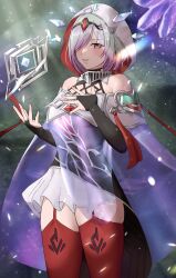 Rule 34 | 1girl, absurdres, amayo thranana, bare shoulders, breasts, bridal gauntlets, capelet, cave, circlet, collar, commentary, commission, crystal, dress, english commentary, fire emblem, fire emblem heroes, floating, floating object, glint, glowing crystal, green hair, hand on own chest, highres, hood, kvasir (fire emblem), lens flare, light particles, light rays, looking at viewer, medium breasts, metal collar, multicolored hair, nintendo, object floating above hand, parted lips, purple hair, red thighhighs, second-party source, see-through clothes, skeb commission, skindentation, skirt, smile, solo, sparkle, thick thighs, thighhighs, thighs, two-tone hair, yellow eyes, zettai ryouiki