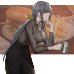 1girl 35oku_vs black_pantyhose black_skirt black_survival bow breasts closed_mouth collarbone commentary_request cup dr._nadja eternal_return:_black_survival feet_out_of_frame food-themed_background grey_hair grey_shirt hair_bow hand_on_own_chin highres holding holding_cup jewelry long_hair long_skirt long_sleeves looking_at_viewer medium_breasts necklace pantyhose shirt sidelocks skirt solo standing watch wristwatch yellow_bow yellow_eyes