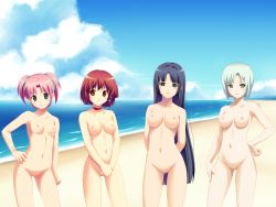 4girls arai_ruka arms_behind_back ars_magna beach black_hair blue_eyes breasts brown_eyes cloud green_eyes grey_eyes groin ichijou_anzu jewelry koutaro lineup long_hair minezaki_sakura mizusawa_noel multiple_girls navel necklace nipples no_pussy nude nudist ocean pink_hair red_hair short_hair silver_hair sky standing take_your_pick thigh_gap thighs twintails water