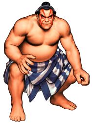 1boy absurdres barefoot capcom capcom_vs_snk_2 chonmage e._honda facepaint game_cg highres loincloth male_focus mawashi mori_toshiaki muscular muscular_male non-web_source official_art open_hand solo squatting street_fighter sumo teeth third-party_source topknot v-shaped_eyebrows veins veiny_arms white_background