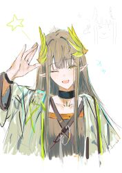 Rule 34 | 1girl, ;d, absurdres, arknights, arm up, ayatsuji k, black choker, blush, brown hair, choker, collarbone, commentary request, cropped torso, elf, grey jacket, highres, jacket, long hair, muelsyse (arknights), one eye closed, open clothes, open jacket, open mouth, pointy ears, salute, sidelocks, simple background, sketch, smile, solo, star (symbol), white background, yellow eyes