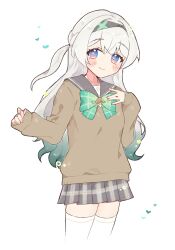 1girl black_hairband blush blush_stickers bow bowtie brown_sweater closed_mouth collared_shirt eeeeekyawaiii firefly_(honkai:_star_rail) firefly_(spring_missive)_(honkai:_star_rail) gradient_eyes gradient_hair green_bow green_bowtie green_pupils grey_hair grey_sailor_collar grey_skirt hair_between_eyes hair_intakes hairband heart highres honkai:_star_rail honkai_(series) long_hair multicolored_eyes multicolored_hair pleated_skirt sailor_collar shirt simple_background skirt smile solo sweater thighhighs white_background white_shirt white_thighhighs