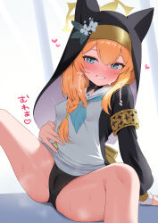 1girl absurdres animal_ear_headwear animal_ears aoto_mei armlet black_coat black_panties blue_archive blue_eyes blue_neckerchief blush braid breasts cameltoe clothes_lift coat coif commentary_request covered_erect_nipples dress dress_lift fake_animal_ears hair_tubes halo heart highres jewelry loli long_hair long_sleeves looking_at_viewer mari_(blue_archive) neckerchief nun orange_hair paid_reward_available panties parted_lips partial_commentary puffy_long_sleeves puffy_sleeves sailor_collar side_braid single_braid sitting small_breasts solo spread_legs teeth trinity_general_school_logo underwear variant_set white_dress white_sailor_collar yellow_halo