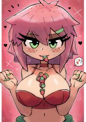 1girl ? absurdres between_breasts bikini blush breasts chigo_(tony_welt) choker cleavage collarbone food food_in_mouth freckles fruit green_eyes green_nails grin hair_ornament hairclip highres large_breasts looking_at_viewer mouth_hold navel original personification pink_background pink_hair red_bikini short_hair smile sparkle speech_bubble spoken_food spoken_question_mark spoken_strawberry standing strawberry swimsuit teeth tony_welt upper_body