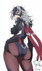 1girl absurdres artist_name ass bandaged_head bandages black_gloves black_leotard black_sclera black_thighhighs bodystocking breasts colored_sclera dated eijiru from_behind gloves grey_hair hands_on_own_ass highleg highleg_leotard highres leotard long_hair looking_back malice_(sue_storm) marvel marvel_rivals red_eyes solo spiked_pauldrons spikes sue_storm thighhighs white_background