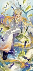1girl arknights baobav black_shoes blonde_hair blue_hair coat collarbone commentary_request dragon_girl eastern_dragon_horns eastern_dragon_tail gradient_hair grey_eyes hair_intakes highres long_hair multicolored_hair open_clothes open_coat pants pointy_ears shoes shu_(arknights) sitting solo strapless tube_top white_coat white_pants white_tube_top