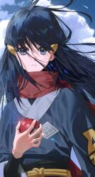 1girl 987645321o absurdres akari_(pokemon) black_hair black_sash black_shirt cloud commentary_request day eyelashes floating_hair glint grey_eyes hair_ornament hairclip highres hisuian_poke_ball holding holding_poke_ball jacket logo long_hair looking_at_viewer nintendo outdoors parted_lips poke_ball pokemon pokemon_legends:_arceus red_scarf sash scarf shirt sky solo
