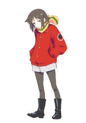 1girl black_boots black_hair black_pantyhose boots brave_witches closed_mouth commentary_request dot_nose full_body green_scarf grey_shirt hair_flaps hands_in_pockets head_down highres jacket kanno_naoe knee_boots leather leather_jacket light_smile long_shirt looking_at_viewer no_pants pantyhose parted_bangs patch red_jacket scarf shiratama_(hockey) shirt short_hair shoulder_patch sidelocks simple_background solo two-tone_scarf white_background white_shirt world_witches_series yellow_scarf