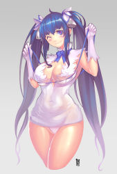 10s 1girl ;) artist_name blue_eyes blue_hair blush breasts cleavage cleavage_cutout clothing_cutout covered_erect_nipples covered_navel cropped_legs curvy dungeon_ni_deai_wo_motomeru_no_wa_machigatteiru_darou_ka female_focus gloves grey_background hair_ribbon heart heart-shaped_pupils hestia_(danmachi) highres large_breasts long_hair looking_at_viewer matching_hair/eyes one_eye_closed rei_no_himo ribbon smile solo symbol-shaped_pupils twintails white_gloves wide_hips wookyung