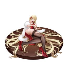 Rule 34 | 1girl, alabama (warship girls r), aqua eyes, artist request, black thighhighs, blonde hair, blush, bracelet, breasts, china dress, chinese clothes, covering breasts, covering privates, dress, hair ornament, hand on own chest, high heels, highres, jewelry, large breasts, long hair, looking at viewer, lying, official alternate costume, official art, on side, patent heels, pelvic curtain, pumps, red dress, red shoes, shoes, sleeveless, sleeveless dress, smile, solo, stiletto heels, thighhighs, torn clothes, torn thighhighs, very long hair, warship girls r, white fur